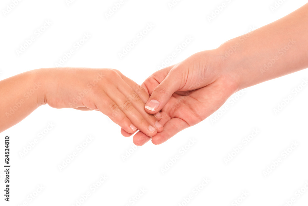 young woman and children girl handshake isolated on white young woman and children girl handshake isolated on white