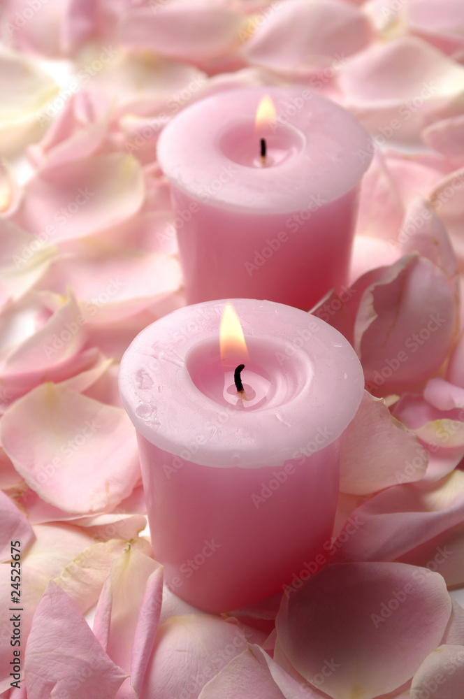 Pair of candle and red Roses petals Pair of candle and red Roses petals