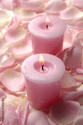 Pair of candle and red Roses petals
