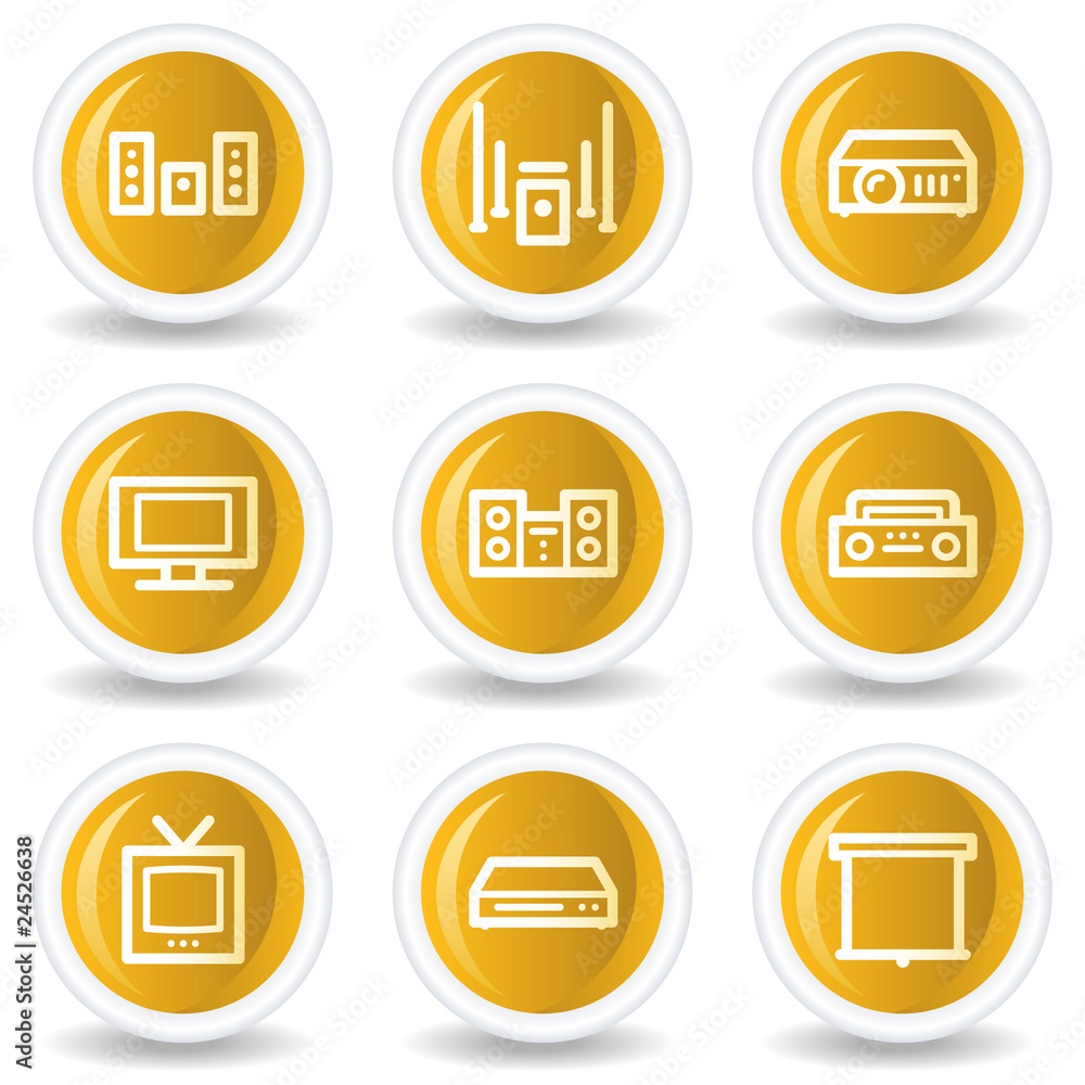 Audio video web icons, yellow glossy circle buttons Audio video web icons, yellow glossy circle buttons