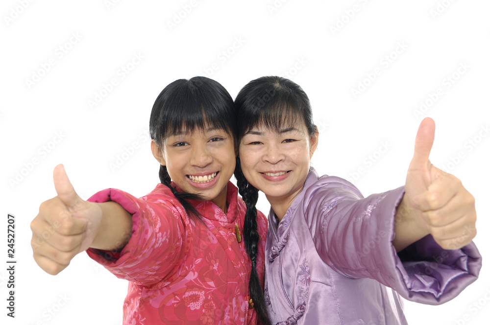 Mother with daughter throw out thumb .Isolated. Mother with daughter throw out thumb .Isolated.