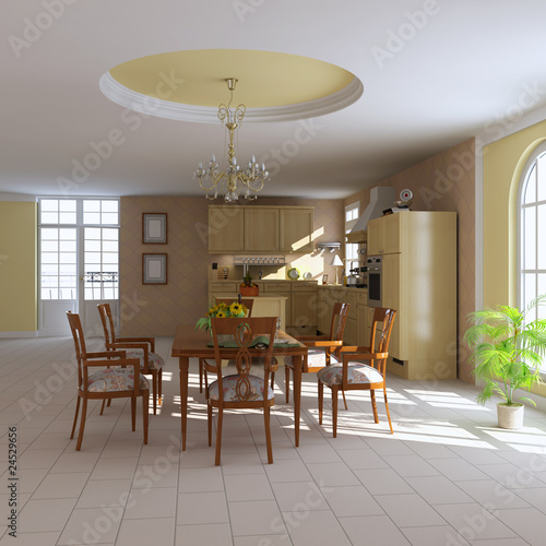 3d render classic dining room and kitchen