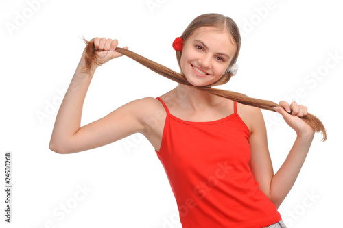 Portrait of the having fun young girl on white background