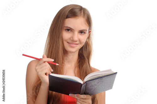Studying happy young woman în white background
