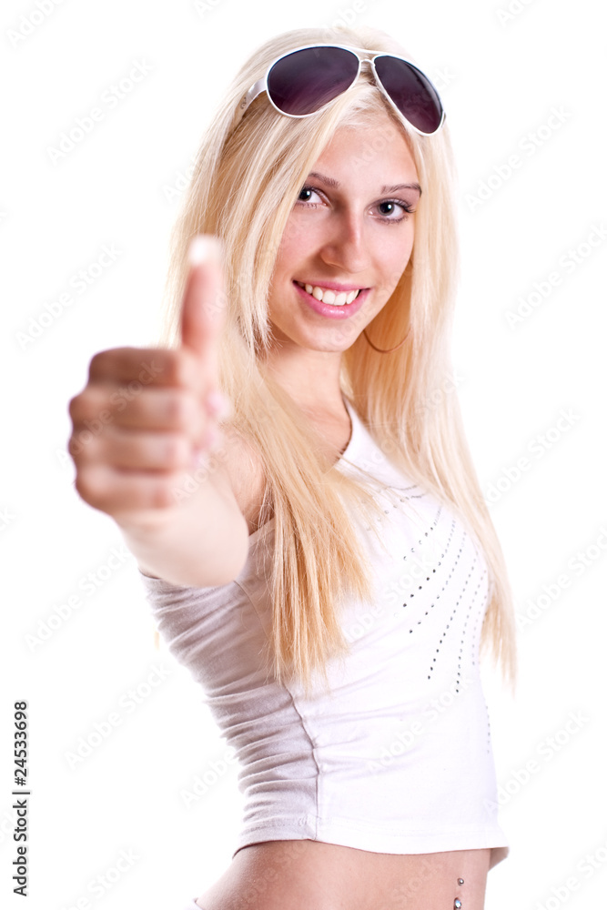 woman in a white shirt giving thumbs-up woman in a white shirt giving thumbs-up