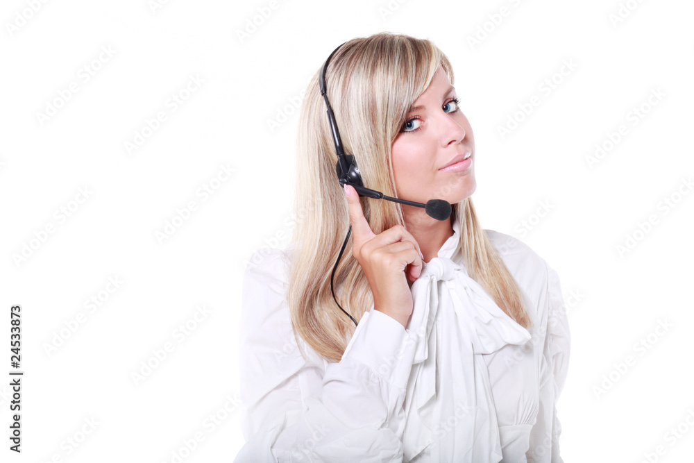 Support phone operator in headset, isolated on white Support phone operator in headset, isolated on white