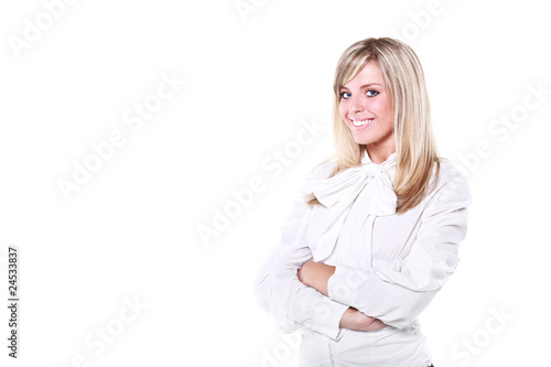 Young beautiful happy blond buisinesswoman arms folded