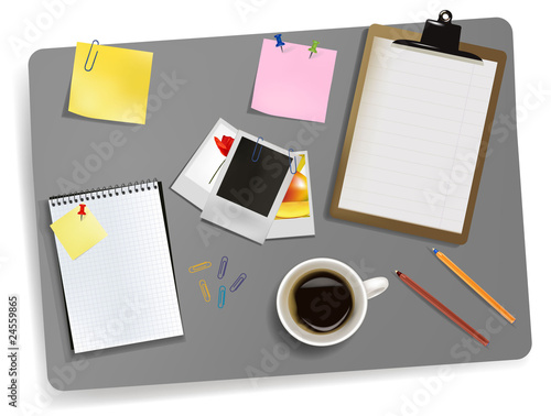 Office supplies laying on the board. Vector.