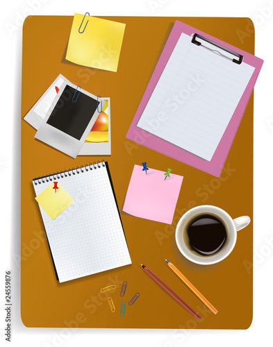 Office supplies laying on the board. Vector.