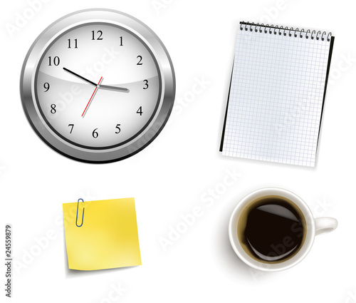 Clock and office supplies. Vector.