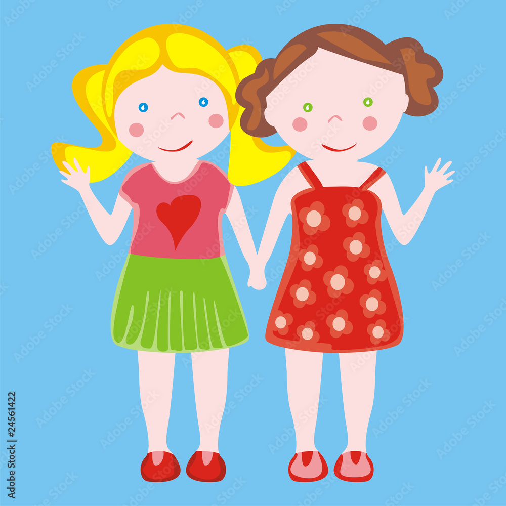 fully editable vector illustration of two little girls waving fully editable vector illustration of two little girls waving