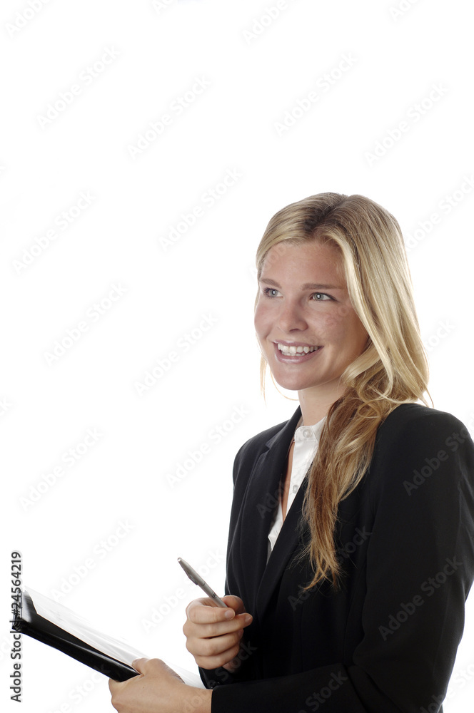 Energetic business woman holding notepad Energetic business woman holding notepad