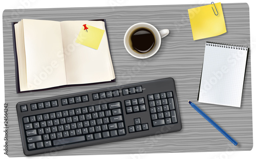 Grey keyboard and office supplies. Vector.