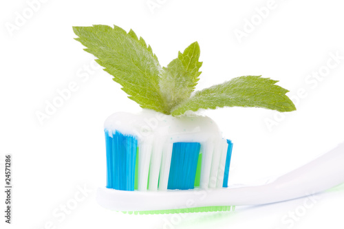 Toothbrush with toothpaste and fresh leaves of mint