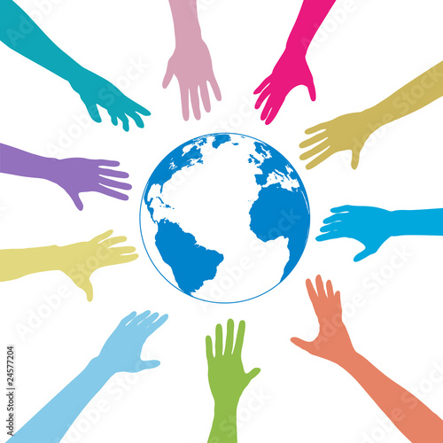 Colors people hands reach out globe earth