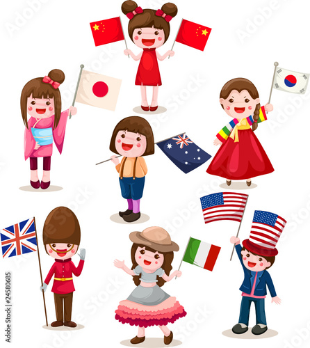 Set of international childrens holding flag
