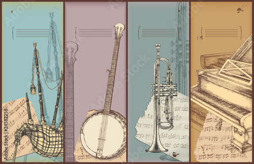 music theme banners-bagpipe, banjo, trumpet, piano
