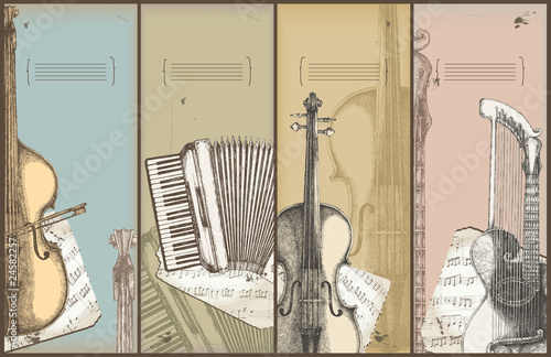 music theme banners -bass, accordion, violin, harp-guitar