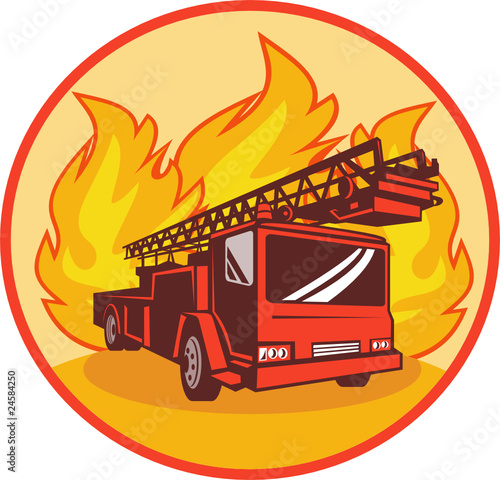 Fire truck or engine with flames in background