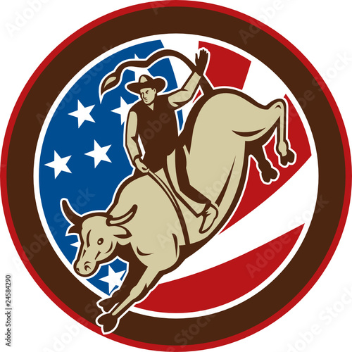 Rodeo cowboy bull riding with american flag