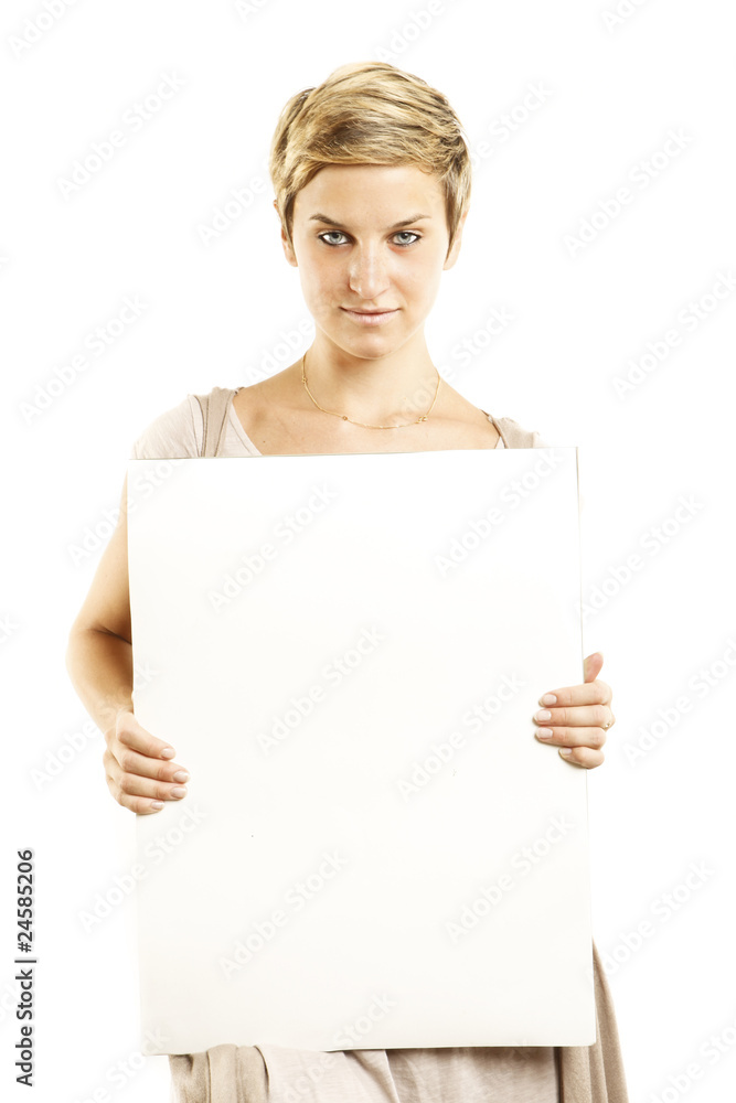 beautiful sexy woman holding a banner add isolated over a whtie beautiful sexy woman holding a banner add isolated over a whtie