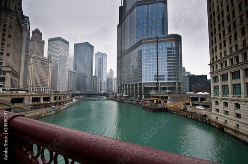 chicago downtown over bridge in rain © Rachelle Vance