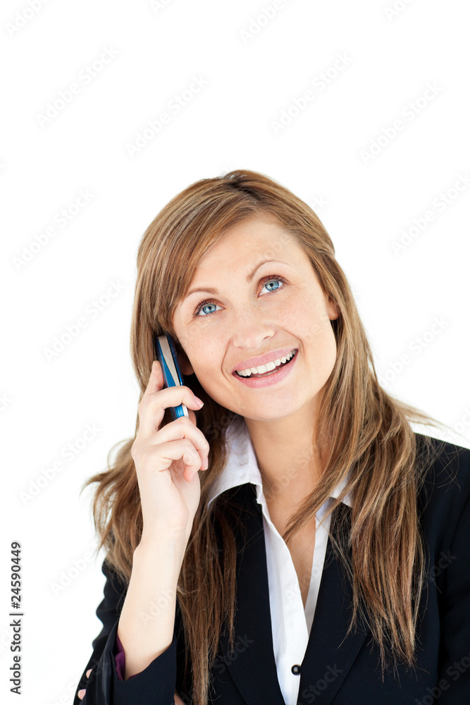 Cheerful blond businesswoman talking on phone Cheerful blond businesswoman talking on phone
