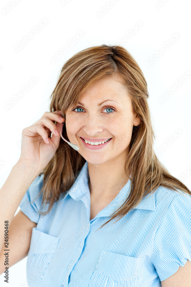 Self-assured businesswoman with headphones Self-assured businesswoman with headphones
