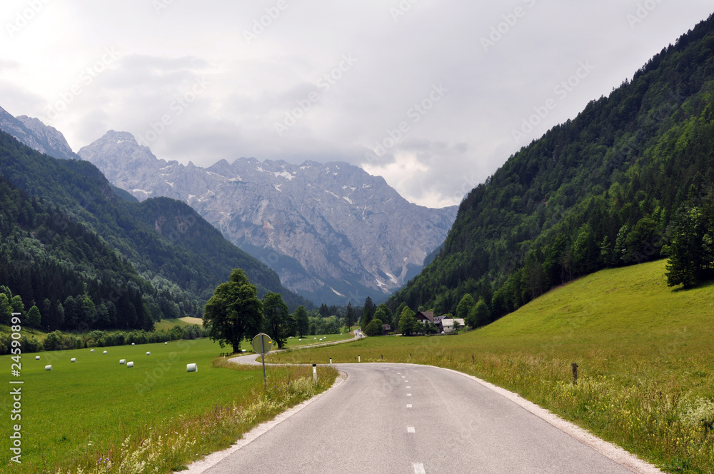 scenic valley road with mountains