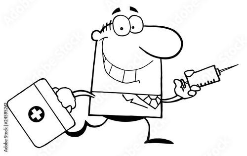 Outlined Doctor Running With A Syringe And Bag
