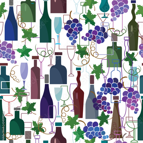 Seamless pattern of wine bottles, goblets and vine elements