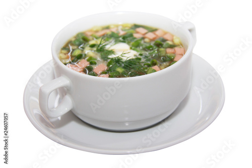 ssian kvass soup with chopped vegetables and meat isolated on wh