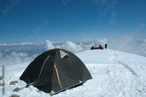 Tent at 5800m on the way up to camp two (mt. Razdelnaya)