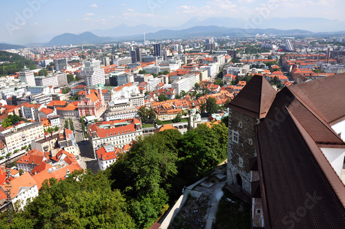 Aerial view over Ljubljana with castle wall