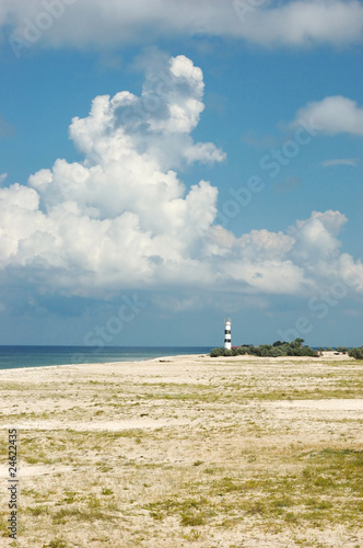 Landscape with old lighthouse on Tendra island,Ukraine photo