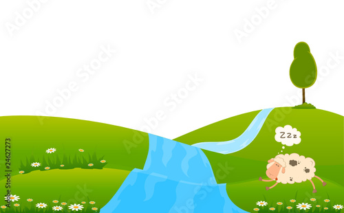Vector cartoon sheep sleeps on a grass