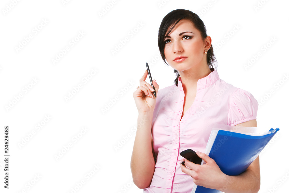 Attractive young girl in pink blouse with papers Attractive young girl in pink blouse with papers