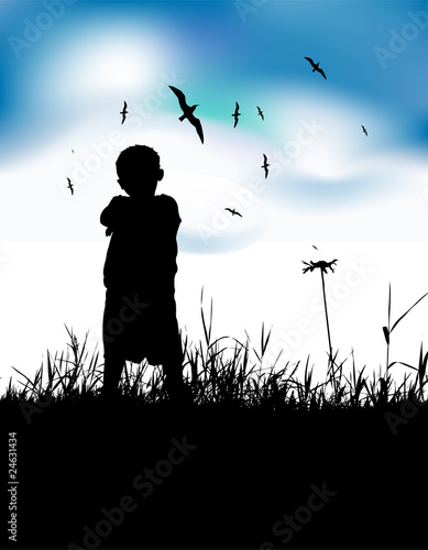 Little boy on summer field, silhouette on blue sky