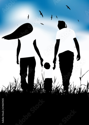 Family with little baby walk on summer field