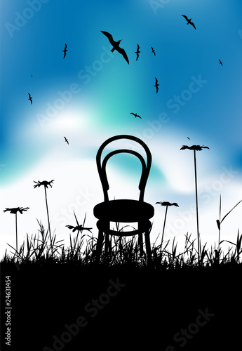 Chair on meadow summer, black silhouette