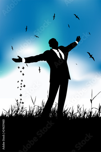 Man is wearing suit rest on nature, black silhouette