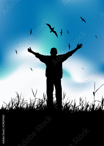 Man on nature, black silhouette