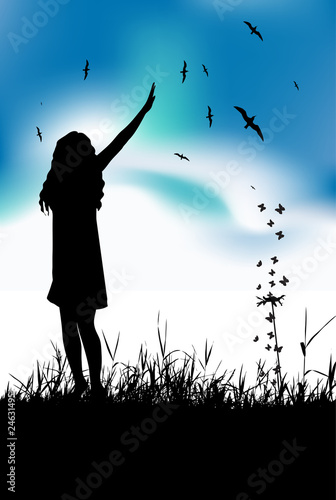 Young woman waving hand on summer meadow