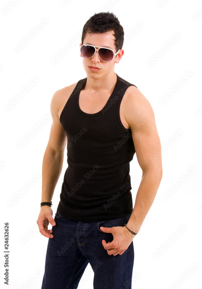 Portrait of stylished young man wearing sunglasses on white back Portrait of stylished young man wearing sunglasses on white back