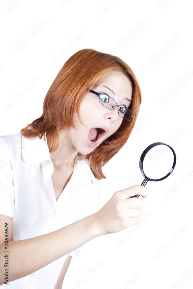 Young businesswomen with white plan board and loupe