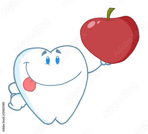 Smiling Tooth Cartoon Character Holding Up A Apple