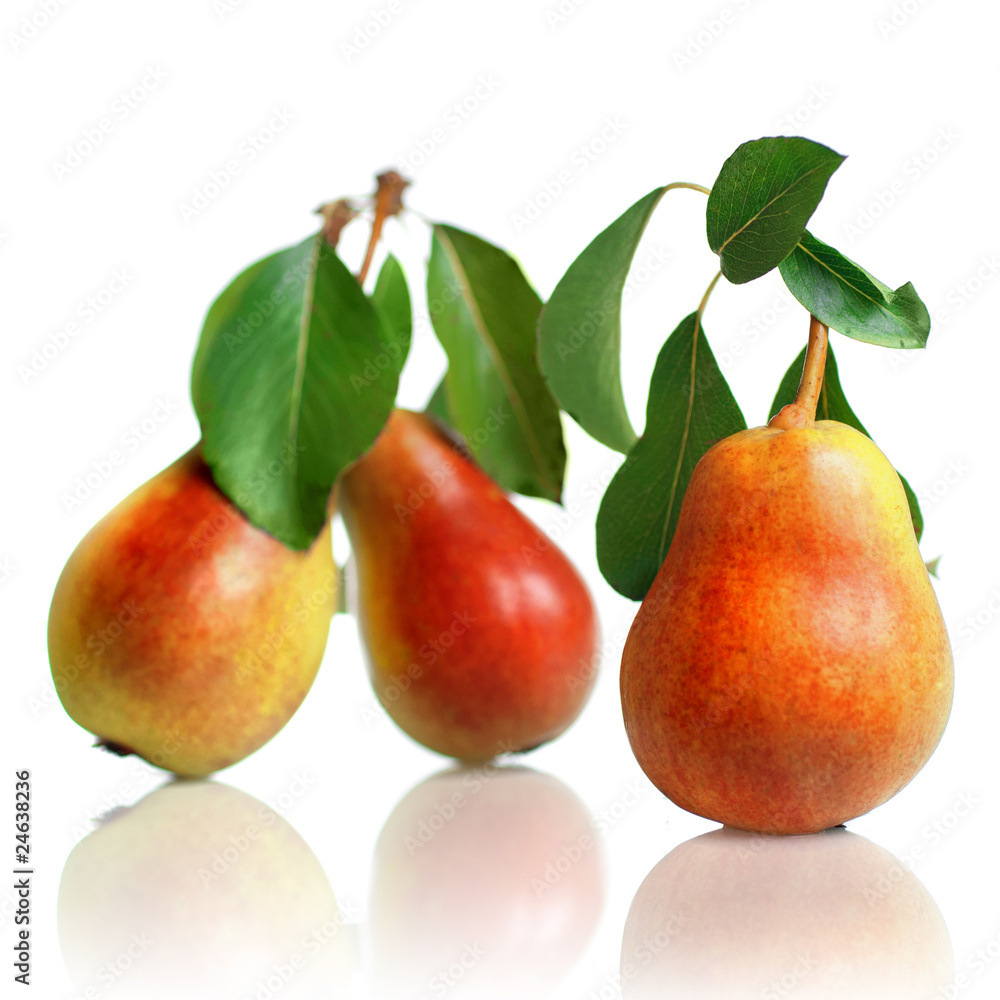 red pears with leaves isolated on white red pears with leaves isolated on white