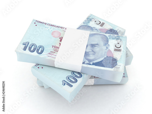 100 Turkish lira bills 3d rendered photo