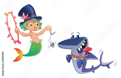 Triton with shark. Funny cartoon and vector characters.