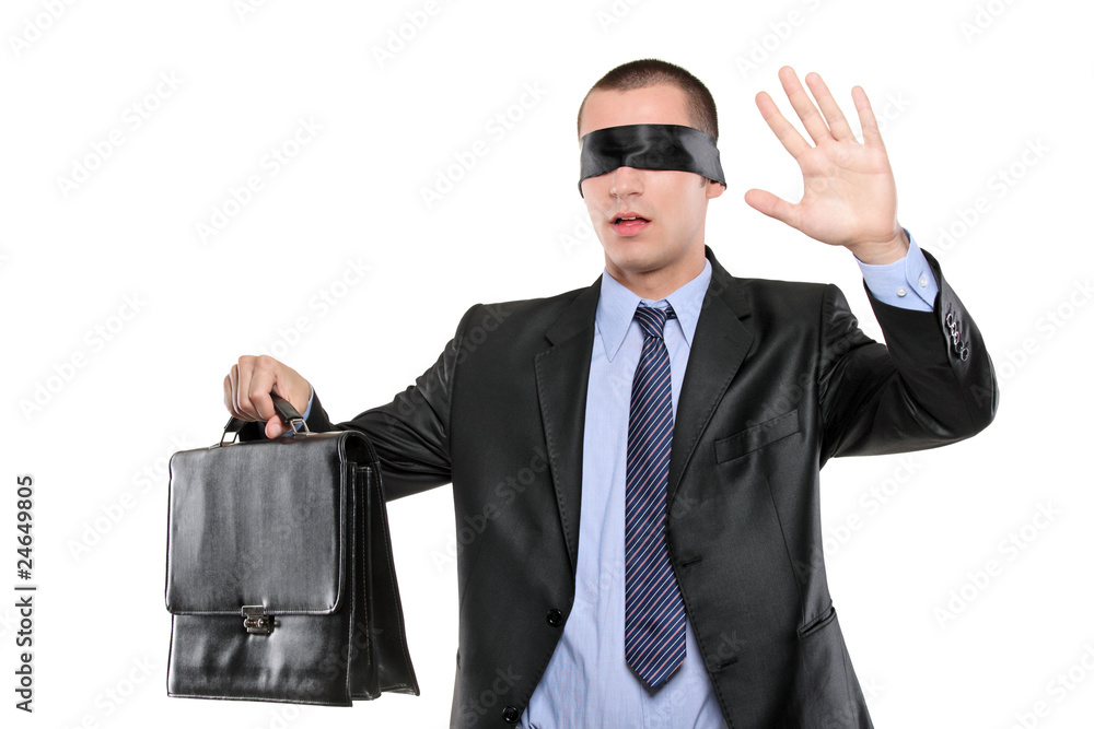 Confused blindfold businessman with briefcase Confused blindfold businessman with briefcase